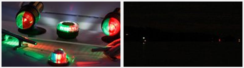 Many bicolor navigation lights on display at night.