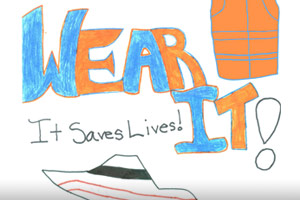 A drawing of a powerboat which reads, Wear It! It saves Lives!