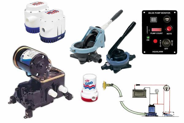 A collage of bilge pumps and accessories. 