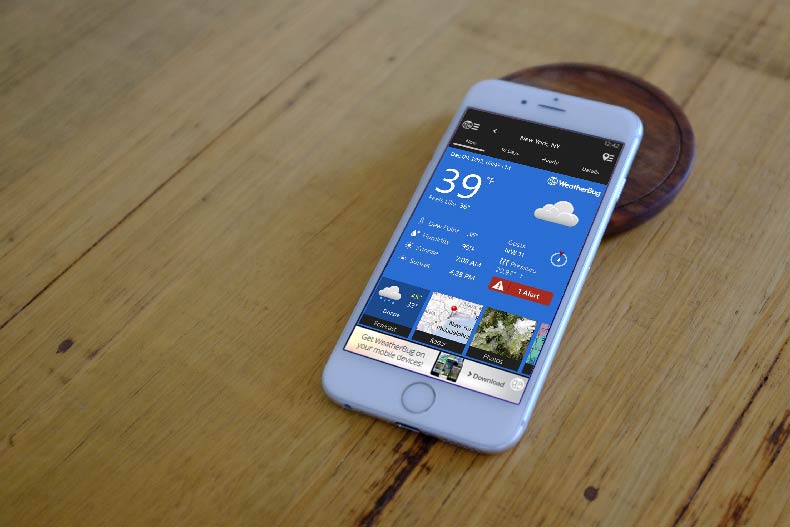 The weatherbug app displayed on an iPhone
