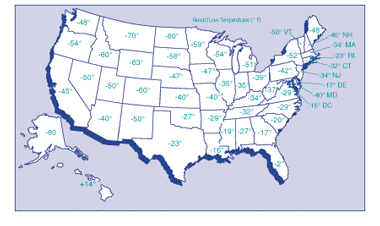 a map of the US, with the states lowest temperatures listed