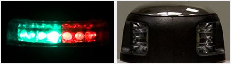 A close-up of a bi-color, bow navigation light.