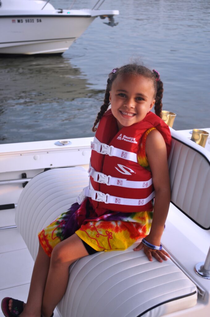 Photo of a girl in a life jacket on a boat